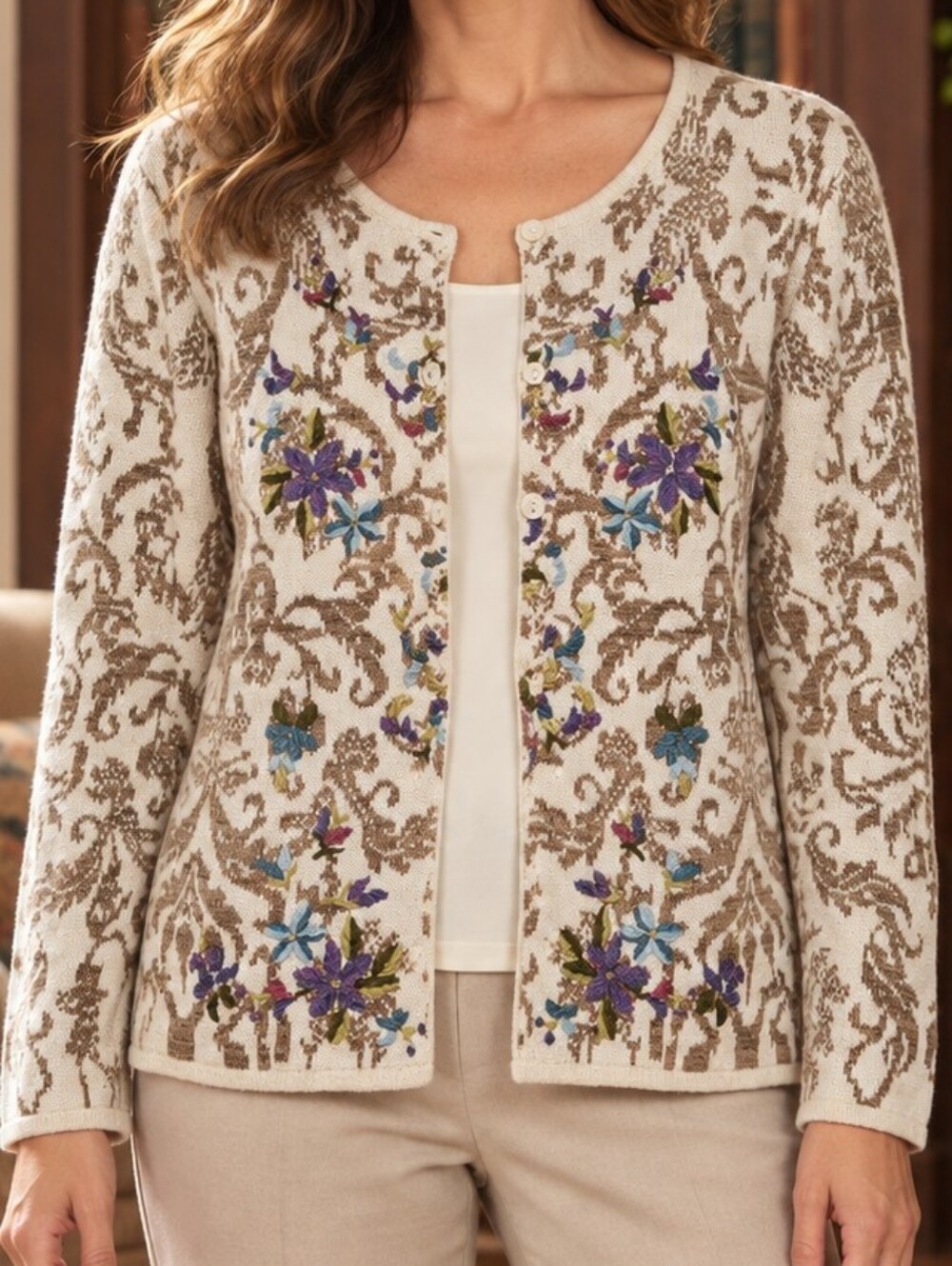 Coldwater Creek Cream Floral Embroidered Cardigan with Brown Scrolls